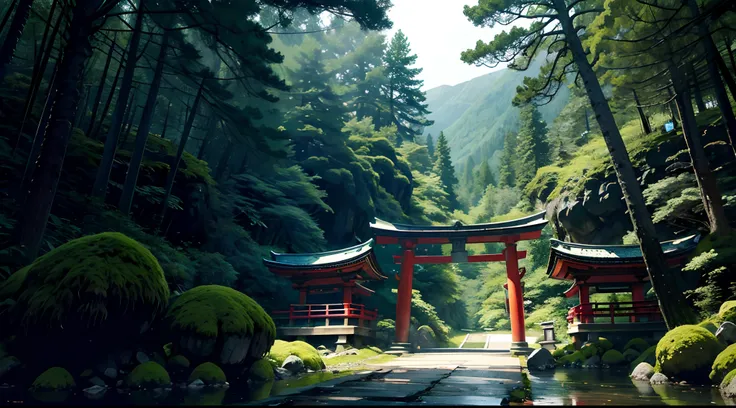 jpn、torii gate、(mont、(In the deep forest、mosses)、falls、disturbing atmosphere)、shrines