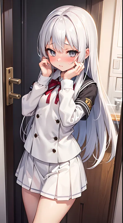 1_girl, white long hair, grey eyes, small breasts, in white school uniform in sexy pose, blocking doorway, blushing, hands on face