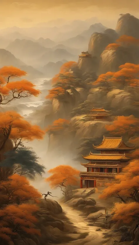 Chinese murals with rural scenery, Estilo laranja claro e cinza claro, Paisagem em camadas, Japanese style art, murais monumentais, Ricoh FF-9D, Golden Age Aesthetics, exotic landscape