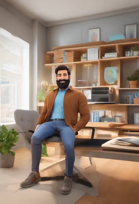 A 32-year-old man with short dark brown beard and brown eyes, smiling, wearing a blue shirt, in an office. (best quality,realistic,studio lighting), [construction helmet].