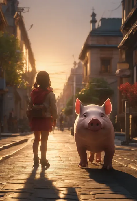 A piglet in armor and a girl on the street, City Street Sunset, Movie Lighting, filmagem AR 9:16 -N 6-G, Japonisme 3 D 8 K hiper-detalhado, vista realista da rua, octane rendering. autor: Makoto Shinkai, Luzes da tarde realistas, Akihiko Yoshida. Motor irr...