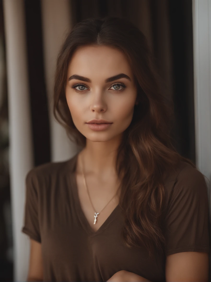 portrait Arafed woman in white T-shirt and necklace, sexy girl with hezaleyes, portrait sophie mudd, brown hair and large eyes, selfie of a young woman, bedroom eyes, violet myers, no makeup, natural makeup, looking straight at camera, face with artgram, f...