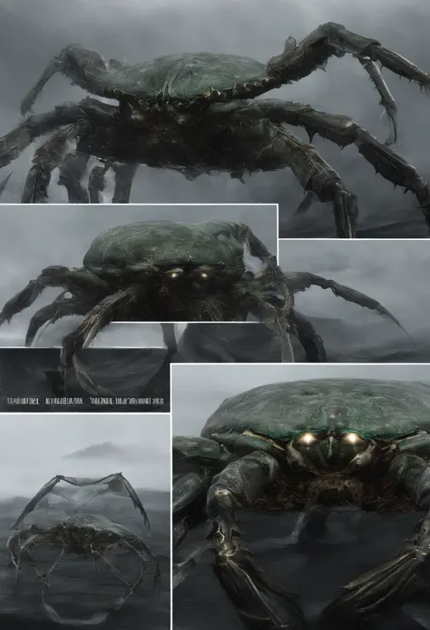 （A giant crab in the mist stares from the air at a man who asks for help），（a creature 5 meters tall:1.0）， （giant crab：1.37, ）, The shell of the giant crab is dark green, flat, Wide oval, Shiny, Very hard and smooth. The crust has a thick texture， （Huge gre...