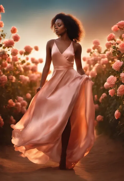 Beautiful black woman dressed in a silk soft dress walking on a rose golden sky, com luz iridescente, imagens altamente detalhadas, cores vibrantes e bonitas, imagem fotorrealista, 32k, Ultra HD |, motor irreal renderizado, Cinematic lighting, arte por Bel...