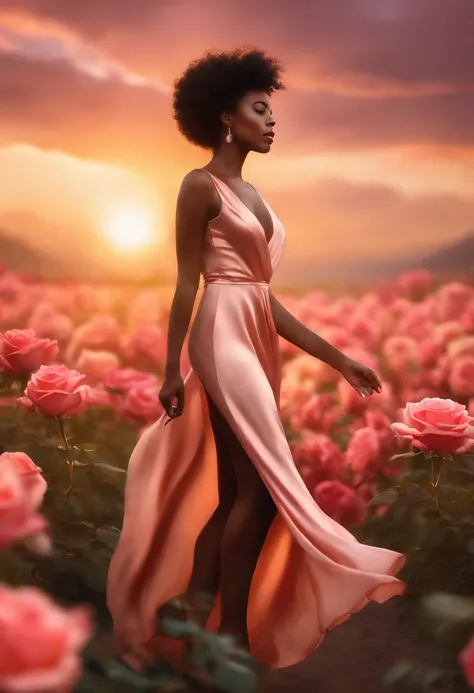 Beautiful black woman dressed in a silk soft dress walking on a rose golden sky, com luz iridescente, imagens altamente detalhadas, cores vibrantes e bonitas, imagem fotorrealista, 32k, Ultra HD |, motor irreal renderizado, Cinematic lighting, arte por Bel...