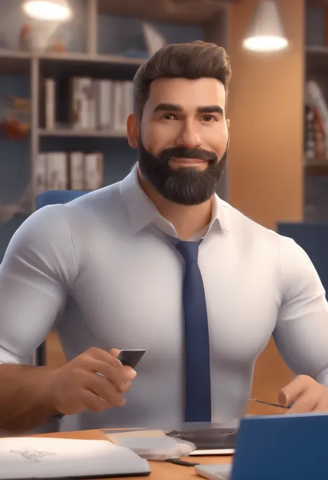 Homem de 32 anos, barba curta e castanha escura e olhos castanhos, sorridente, vestindo uma camisa azul, in an office. (best quality,Realistic,studio lighting), [Helmet construction].