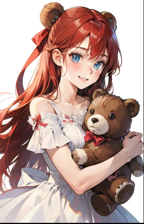 girl with、Background white、without background、Red-haired、The long-haired、with blush cheeks、Embarrassing、White dress、Onepiece、Keeping a stuffed brown bear、Stuffed Bear、frilld、bow ribbon、Smiling、kawaii、without background