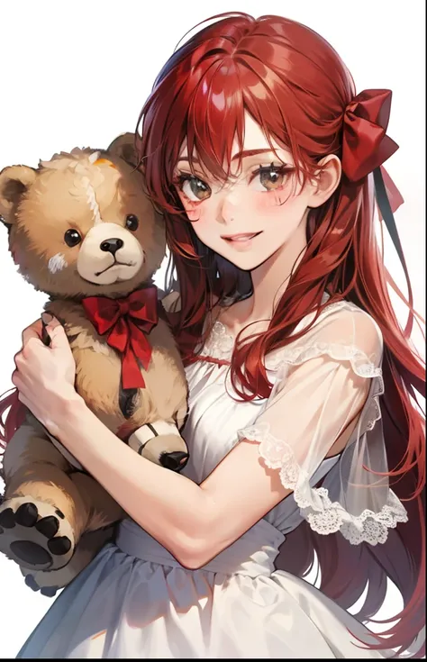 girl with、Background white、without background、Red-haired、The long-haired、with blush cheeks、Embarrassing、White Dress、Onepiece、Keeping a stuffed brown bear、Stuffed Bear、frilld、bow ribbon、Smiling、kawaii、without background