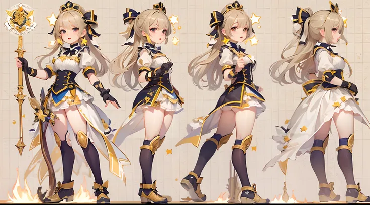 ((Masterpiece, Highest Quality)), 3 up, Detailed face, character design sheet， full bodyesbian, Its full of detail., multiple poses and expressions, highly detaild, deeply, A lot of it，Beautiful maid，Armed with bows and arrows，Gold，Double ponytail，Fantasy ...