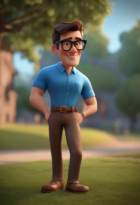 Cartoon character of a man with black glasses and a blue shirt, animation character, Caractere estilizado, animation style rendering, 3D estilizado, Arnold Maya render, 3 d render stylized, toon render keyshot, Personagem 3D, Personagem 3D, 3d rendering st...