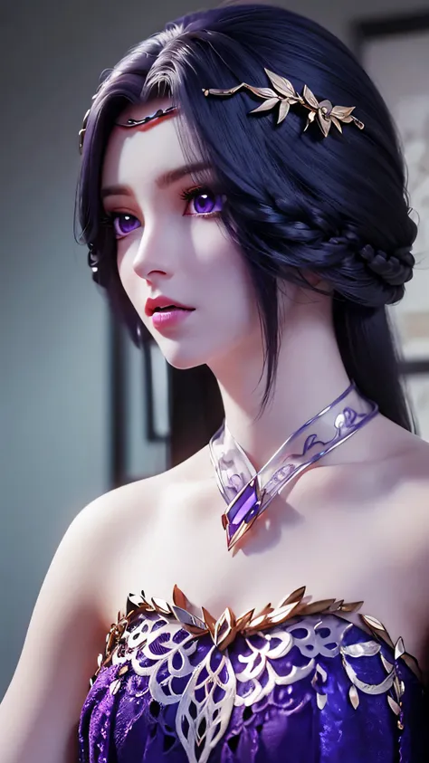 A beautiful and sexy 20 year old girl, Very sexy girl in thin strapless purple pajamas, Purple silk dressing gown，Sexy lace trim, Long purple hair and bangs, and jewels. Thinnest、The most beautiful hair, ((Wear a purple lace necklace: 1.6)), Super cute lit...