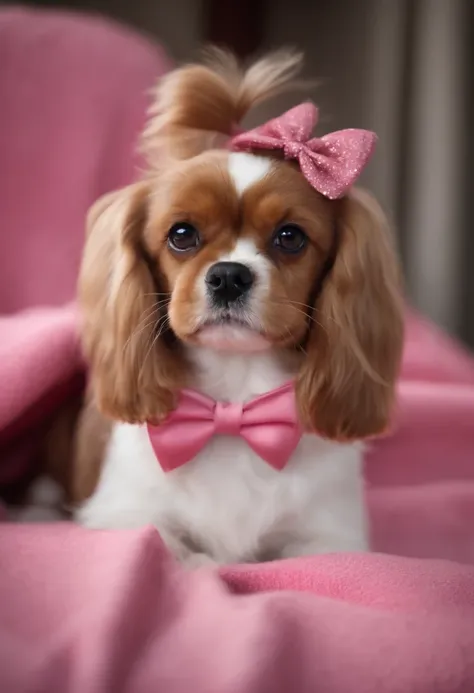 there is a dog that is sitting on a pink blanket, cute furry needs your help, daisy, wearing pink hair bow, a handsome, looking towards the camera, very handsome, a red bow in her hair, is a stunning, bowtie, fully decorated, cavalier king charles spaniel,...