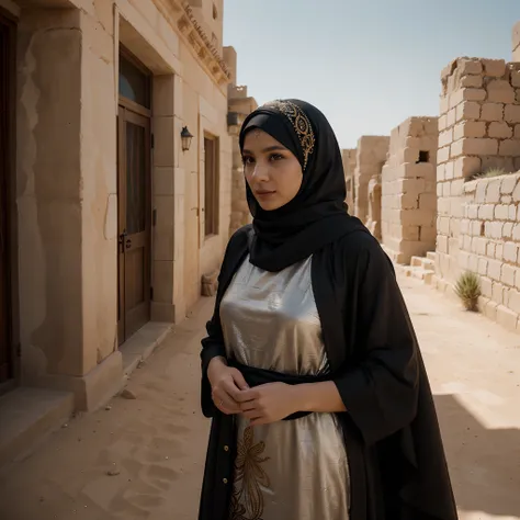 STABLE DIFFUSION 2.1 REALISTIC PHOTOREAL HIJAB, a woman wearing a black robe with a black headdress with intricate details and designs on their clothing, a ancient city in the desert as background