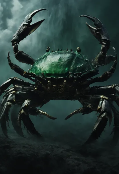 （A giant crab stands in the air in the fog，Staring at a person asking for help），（a creature 5 meters tall:1.0）， （Dark green giant crab：1.37），（The shell of a giant crab is dark green）s, （Dark blue wide oval abdomen）, Shiny, （Very hard textured thick shell），...