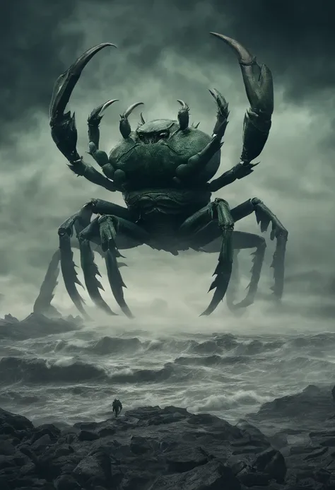 （A giant crab stands in the air in the fog，Staring at a person asking for help），（a creature 5 meters tall:1.0）， （Dark green giant crab：1.37），（The shell of a giant crab is dark green）s, （Dark blue wide oval abdomen）, Shiny, （Very hard textured thick shell），...