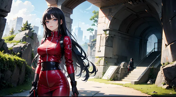 (masterpiece, best quality, manga look), a girl with arc, cave, long black hair, red sexy outfit, standing, gun