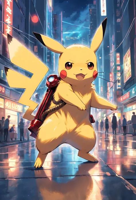 a highly detailed illustration of Pikachu wearing the iconic Iron Man armor, qualidade excepcional, dinamic pose, mischievous expression, urban night scenery, lighting dramatic, estilo de desenho hiper-realista