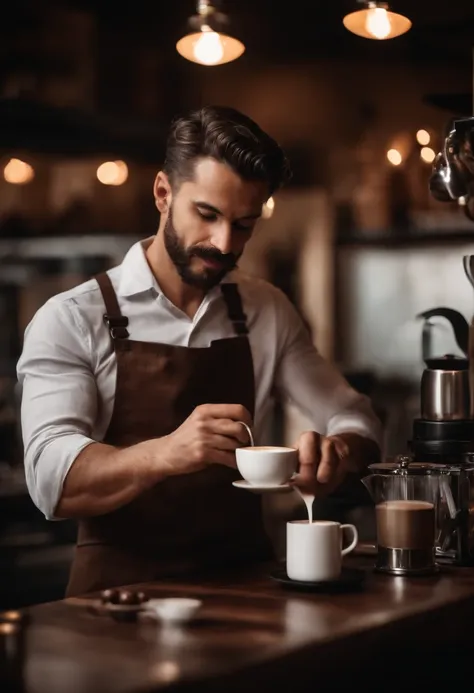 Homem trabalhando como barista, Serve coffee, hiper detalhe, imagem cristalina, Licking coffee with your long tongue