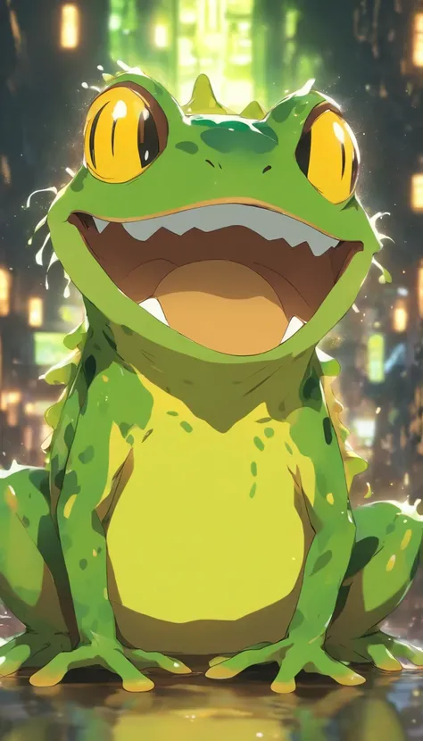 Scary frog that is 4 feet tall and is standing only 2  feet and it is smiling ear to ear with stitches attached to the end of its mouth and one big scar on its belly and its tummy is yellow and the rest is green and it has long sharp teeth connecting to ea...