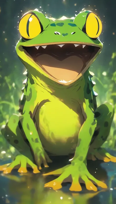 Scary frog that is 4 feet tall and is standing only 2  feet and it is smiling ear to ear with stitches attached to the end of its mouth and one big scar on its belly and its tummy is yellow and the rest is green and it has long sharp teeth connecting to ea...