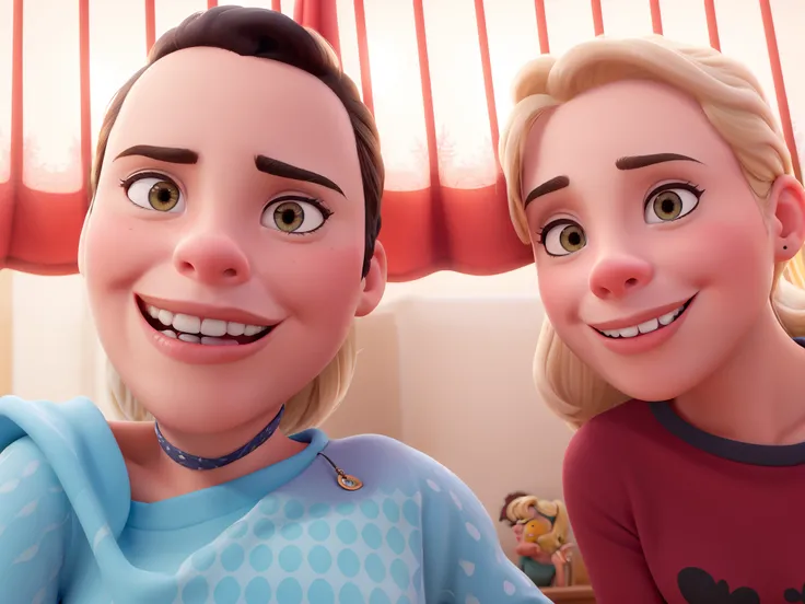 Obra-prima ao estilo Disney/Pixar in high quality and high resolution. The woman in the front is blonde and the man has black hair.