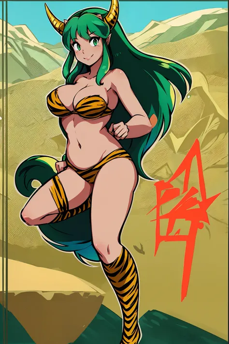 lum, bikini, standing,, , oni, smile,, full body, , , horns, curvy, big breast,, smile, green hair