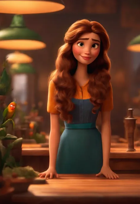 Um filme inspirado na Disney Pixar (Mulher branca JOVEM COM CABELO LONGO liso castanho) dentro A cena estar na arte distinta do estilo PIXAR, descolada e estilosa