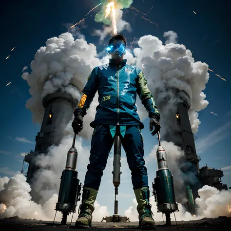 Man with blue and green mechanical suite and rockets on his gloves and rocket Boots and he has a veloci raptor tail anime