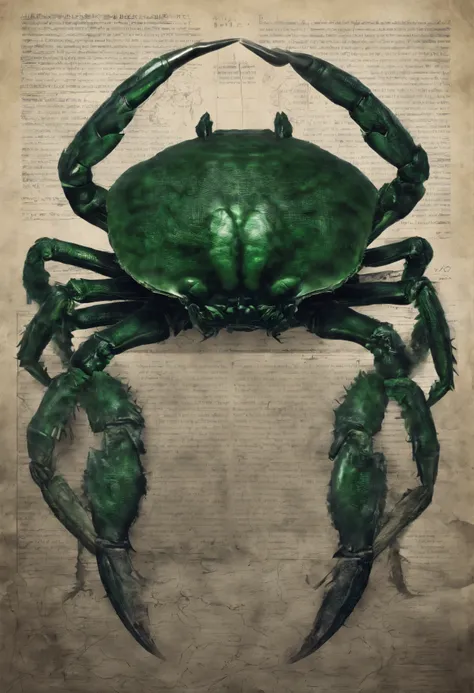 （A giant crab in the fog stood in the air, staring fiercely at a person asking for help），（a creature 5 meters tall:1.0），（The two claws of stout and unusually long are attached to the reef） ，（Dark green giant crab：1.37），（The shell of a giant crab is dark gr...