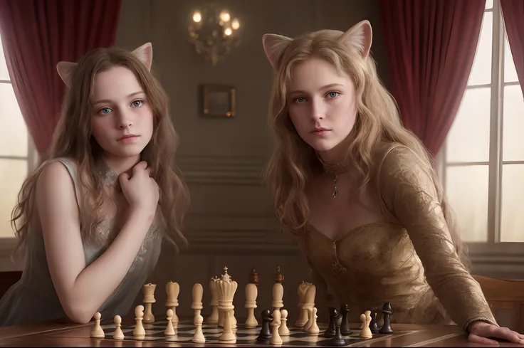 Realistic, photorealistic, RAW photo, ultra detailed, cinematic lighting, (surrealism: 1.2), theater stage with curtain down, 12 years old girl playing chess vs big anthropomorphic cat, they leaned over the table and look at each other almost touching thei...