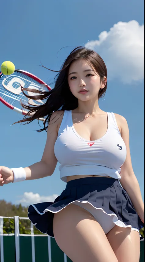 (in 8K、超A high resolution、Best Quality、Photorealsitic、masuter piece、The ultra -The high-definition、top-quality:1.1),(18year old:1.1)(hi-school girl、Tennis Wear、White pleated mini skirt、Black T-back、Hide all breasts、quite massive chest、Pretty big breasts、to...