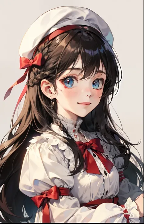 girl with、Background white、without background、A dark-haired、Braiding、The long-haired、with blush cheeks、Embarrassing、White Dress Long Sleeve、White cap、beret、frilld、bow ribbon、Smiling、kawaii、without background