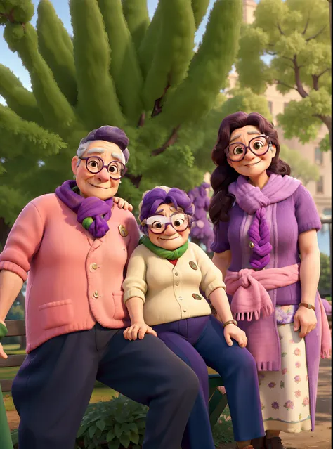 masterpiece, best quality, an old woman with glasses and a scarf on, wearing a purple coat and green scarf, standing at the park