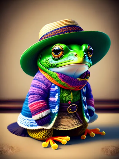 Image of a frog in a panama hat and a silk scarf, Trends in the art station, dressed in a knitted dress, Ultra-realistic detail rendering, british gang member, urban style, intimidating pose, Planet of Frogs, trendy clothes, urban samurai, meow, west slavi...