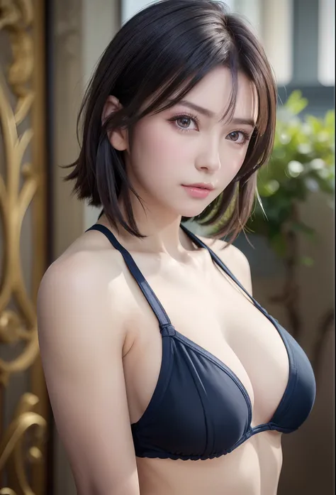 (masutepiece:1.3), (8K, Photorealistic, Raw photo, Best Quality: 1.4), (1girl in), Beautiful face, (Realistic face), (Black hair, Short hair:1.3), bikini of, Beautiful hairstyle, Realistic eyes, Beautiful detailed eyes, (Realistic skin), Beautiful skin, (N...