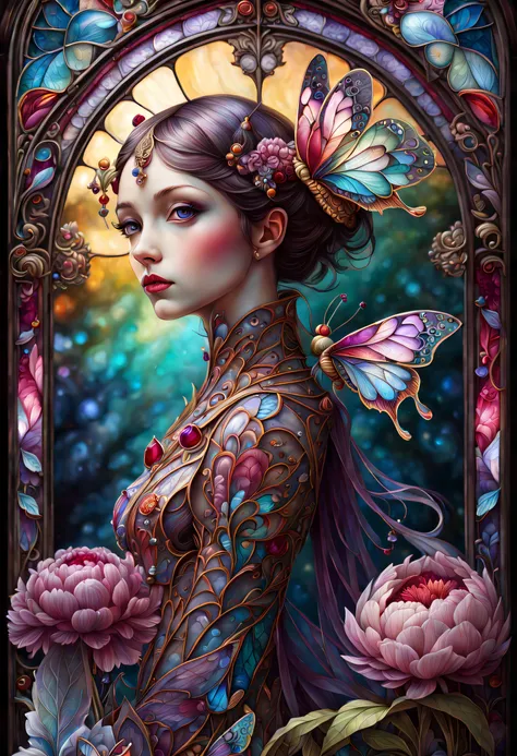 triadic colors, cinematic, official art, close fairytale transparent glass moth ruby peony flowers, ice hoarfrost, baroque, Craola, highly detailed stained glass wings, amethyst crystals, labradorite iridescent crystals, Andy Kehoe, John Blanche, complex h...