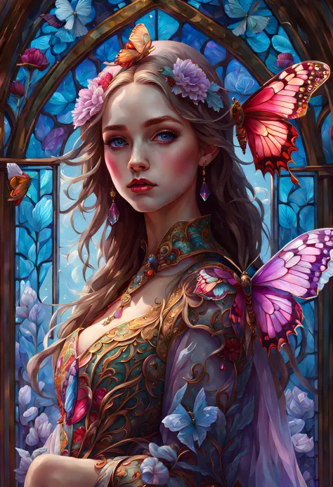 1girl, beautiful european girl 22 yo, triadic colors, cinematic, official art, close fairytale transparent glass moth ruby peony flowers, ice hoarfrost, baroque, Craola, highly detailed stained glass wings, amethyst crystals, labradorite iridescent crystal...