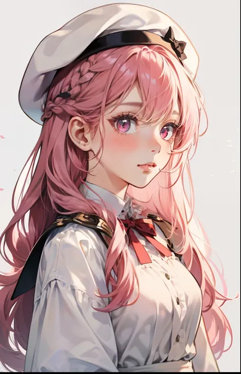 girl with、Background white、without background、Pink hair、Braiding、The long-haired、Pink eyes、with blush cheeks、Embarrassing、White Dress Long Sleeve、White cap、beret、frilld、bow ribbon、kawaii、without background