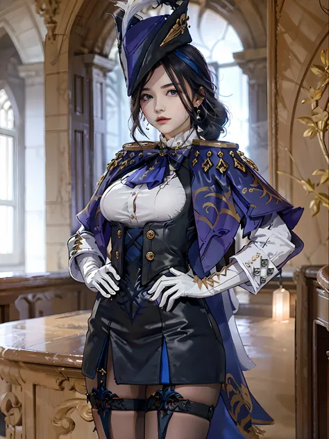 8K分辨率、Raw photo、1girl in, Klonde (GenshinImpact), tricorne, pantyhose, earrings, blue cape, White Gloves, pencil skirts, White shirt, Thigh strap, Underbust, ascot, Jacket, depth of fields, Standing, Cowboy Shot, Glaring, put hands on the hip, Looking at V...