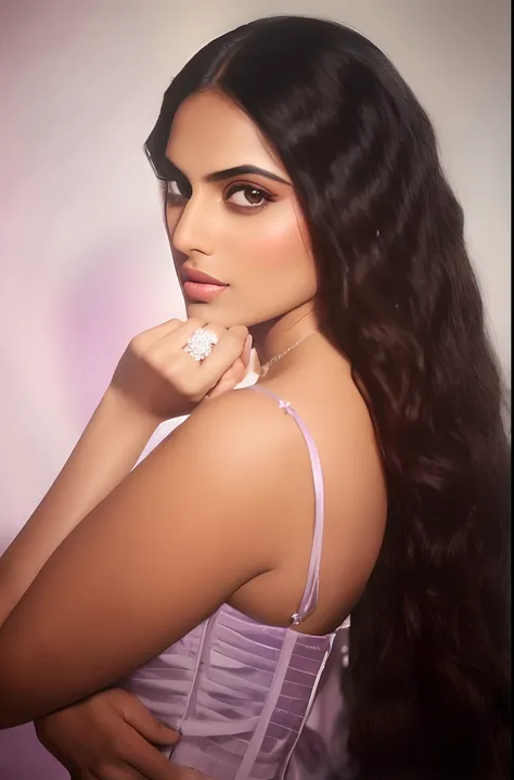 a close up of a woman with long hair wearing a purple dress, indian super model, photoshoot for skincare brand, photoshoot, modeling shoot, by Emma Andijewska, photo of a hand jewellery model, female camila mendes, promo image, by Olivia Peguero, by Amelia...