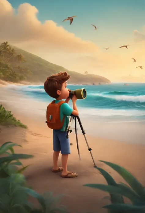 (Create a pixar poster of boy with binoculars on the beach. O menino e o mar. Ele tem Benguela de um dente cabelos cacheados