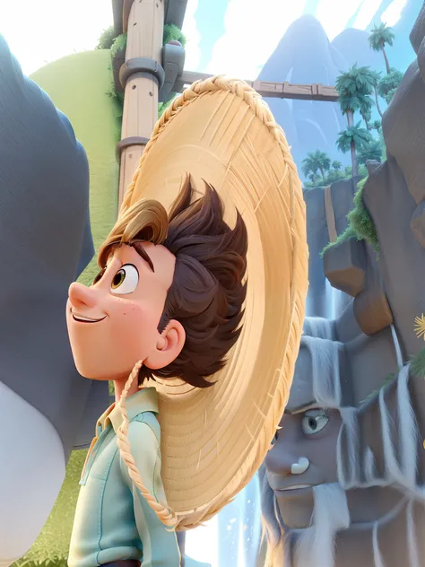 Poster estilo disney pixar. Jovem masculino bonito, brasileiro, Italian descent, 20 anos, cabelos castanhos, cabelos ondulados, olhos castanhos, cabelo taper fade, wearing straw hat