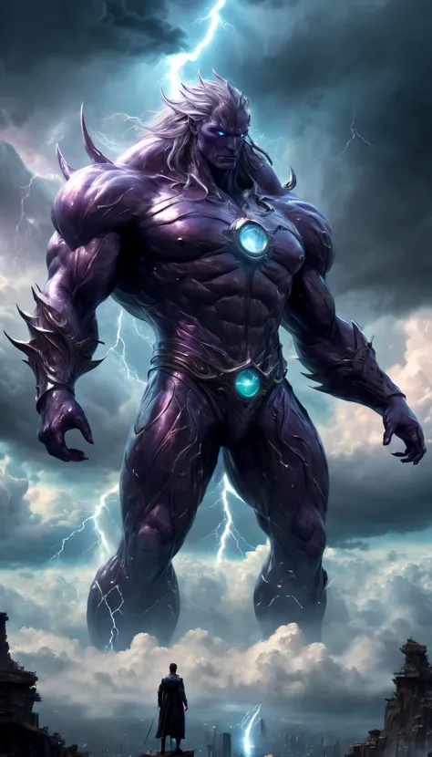 (的数字艺术),DonMC3l3st14l3xpl0r3rsXL城市,emerging,cloud giant,giant creature,stormy sky,dramatic lighting,unique perspective,ethereal,overwhelming presence,intricate details,majestic,imposing stature,dynamic pose,muscular physique,rays of sunlight piercing throu...