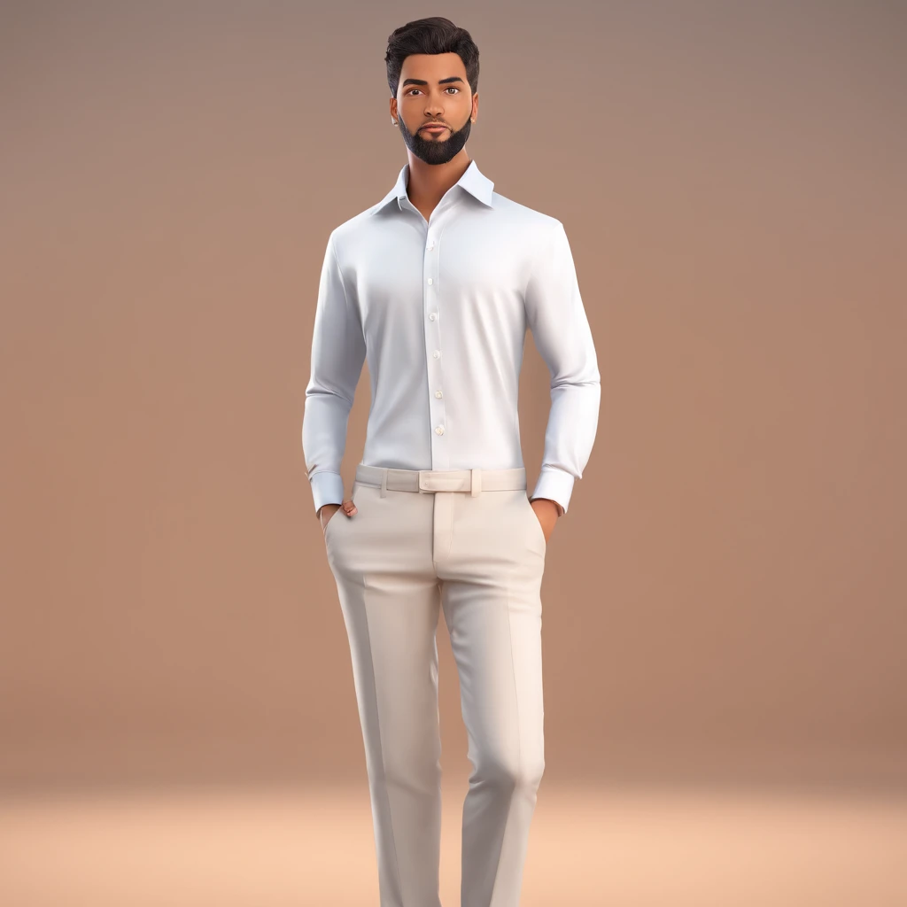 um jovem angolano de vinte anos, pele clara, cabelo muito curto, Wearing a white three-button shirt, posando para um retrato. Ele fica diante de um fundo branco, that emphasizes your attire and appearance. O homem parece estar bem vestido e confiante, poss...