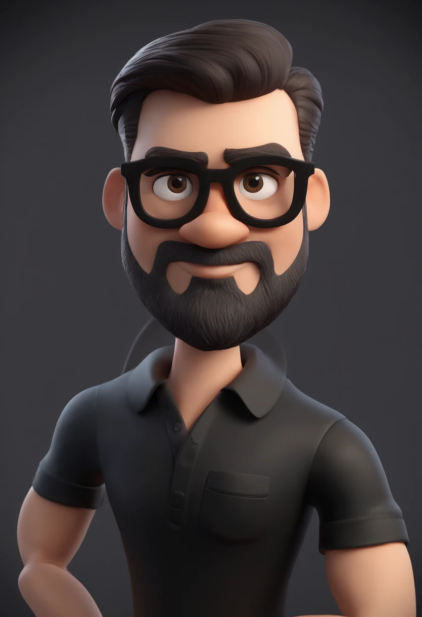 Cartoon character of a man with black glasses and a black polo shirt, cabelo liso, With beard and old school tattoo on his arm, animation character, Caractere estilizado, animation style rendering, 3D estilizado, Arnold Maya render, 3 d render stylized, to...