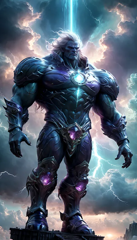 (的数字艺术),DonMC3l3st14l3xpl0r3rsXL城市,emerging,cloud giant,giant creature,stormy sky,dramatic lighting,unique perspective,ethereal,overwhelming presence,intricate details,majestic,imposing stature,dynamic pose,muscular physique,rays of sunlight piercing throu...