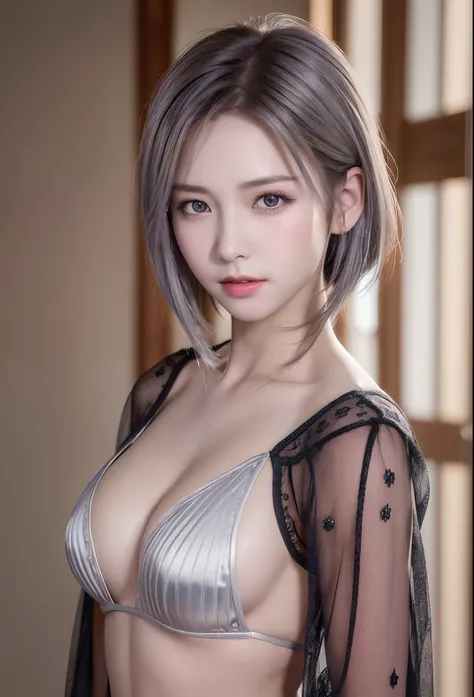 (8K, Photorealistic, Raw photo, of the highest quality: 1.3), (1girl in), Super beautiful, (Realistic face), (boyish, Silver Color Berry Shorthair), Beautiful , Glare that captivates the viewer, Beautiful expression, Beautiful breasts, (Realistic skin), Be...