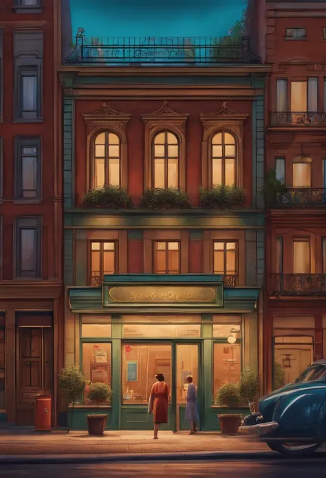 Pixar 3D-style drawing of a slimming clinic in the city center with a character in the foreground