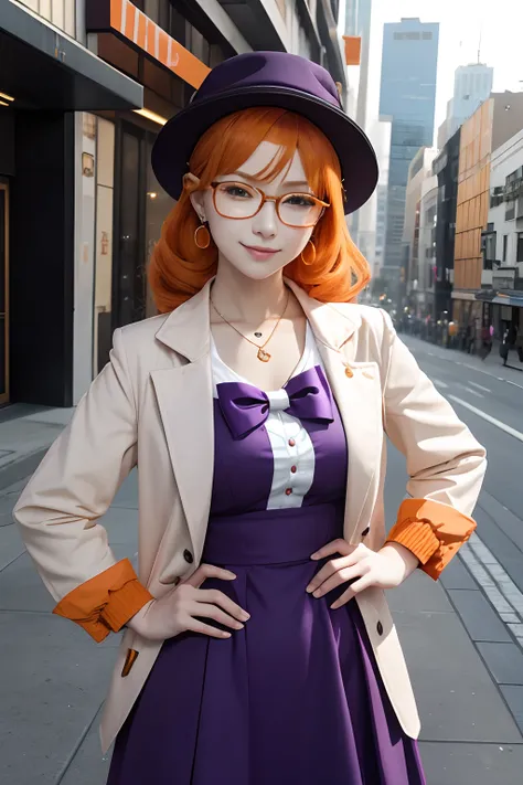 1girl in, Solo, Yorigamijoon, Orange hair, Drill Hair, eyewear on head, Orange Eyes, Jewelry, Bow, White Dress, Purple jacket, Pendants, earrings, hat, Standing, put hands on the hip, Looking at Viewer, one eye closed, Smirk, Outdoors, city