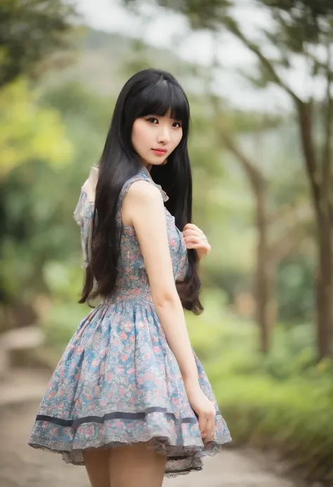 cute Taiwanese girl in her mid 20s with long black hair and bangs, full body, Lolita style fashion, bending in short skirt showing butt, amateur quality photography